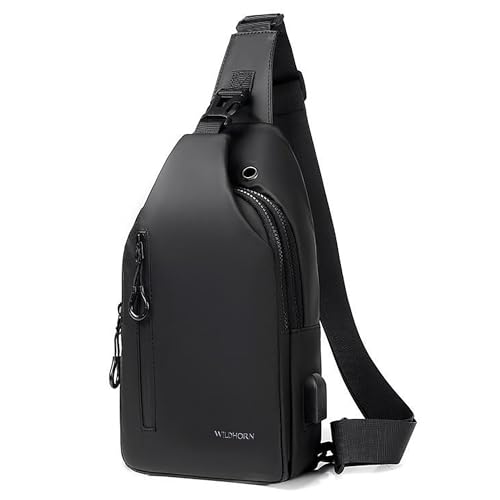 Image of WildHorn Crossbody Sling Bag for Men | Water-Resistant Chest & Shoulder Bag with USB Charging Port, Earphone Hole & Multi-Compartment Storage for Travel & Daily Use (Black)
