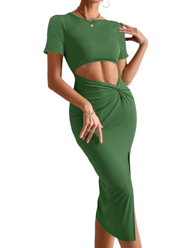 Image of Rooscier Women's Twist Cutout Waist Split Crewneck Short Sleeve Bodycon Midi Dress