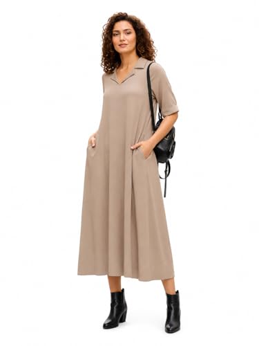 Image of Varanga Casual Flowy Midi Dress for Women | Solid Beige A-Line Maxi Dress with Collar & Pockets | Comfortable Summer Dress for Women
