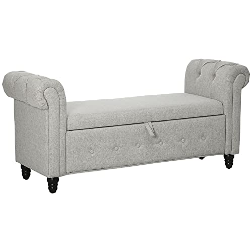 HOMCOM Banc de Rangement, Bout de lit, Coffre de Rangement en Tissu Aspect Lin avec Pieds en Bois, 146,5 x 49 x 72 cm, Gris