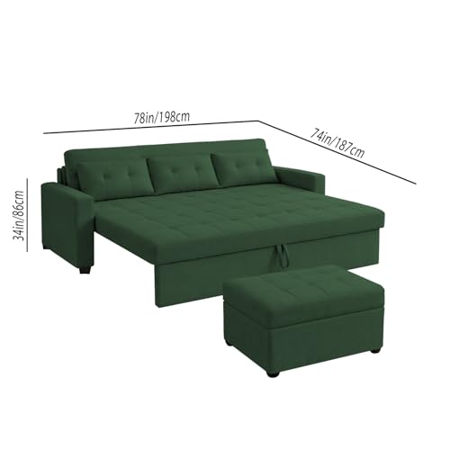 Image of Emilio 3 Seater with Ottomon Pull-Out Sofa Cum Bed (Green Color) Premium Fabric Sofa Set for Living Room | Bedroom