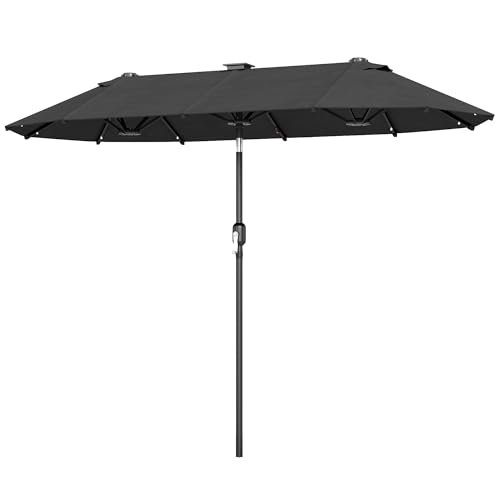 Outsunny Parasol de jardin double 3 x 1,5 m avec éclairage solaire, parasol de jardin extérieur avec inclinaison par bouton-poussoir, manivelle et 2...