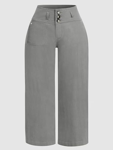Flamingals Wide Leg Cropped Pants for Women Trendy Mid Rise Button Fly Barrel Jeans Stretchy Casual Ankle Pants3