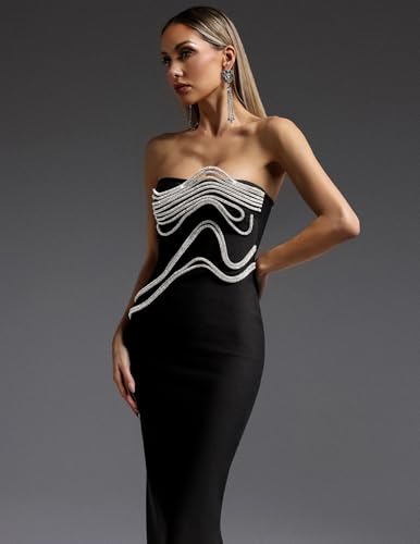 BELLA BARNETT Black Strapless Shining Irregular Silver Wave Chains Cocktail Dress Stylish Visual Impact Bodycon Elegant Dress4