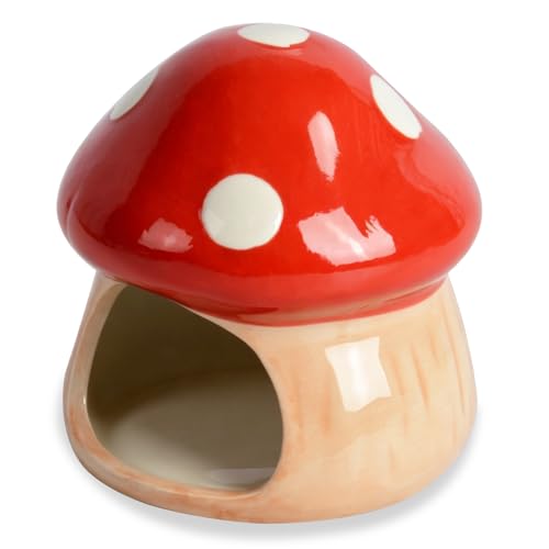 Image of AnRui Ceramic Betta Fish Tank Accessories Decor Cute Mushroom House Aquarium Decoration Hideout Cave Ornament for Small Fish, Shrimp, Goldfish and Reptiles (Red)