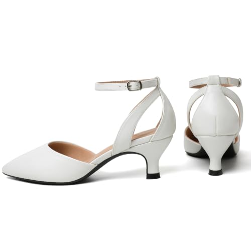 Image of RIBONGZ Comfortable Kitten Heels for Women Pointed Closed Toe Ankle Strap Buckle Heels Slip on Low Heel Church Pumps Wedding Bridal Party Dressy Shoes
