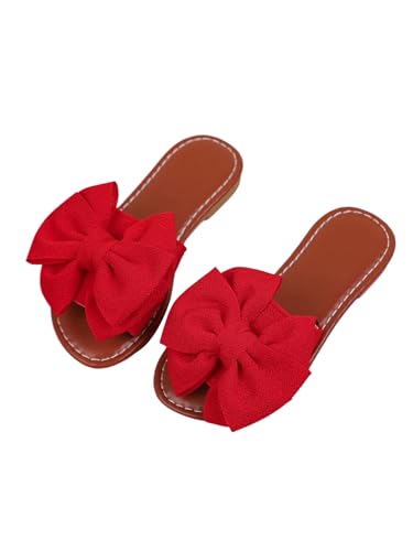 Verdusa Girl's 3D Bow PU Leather Slip on Slippers Color Block Open Toe Flat Sandals