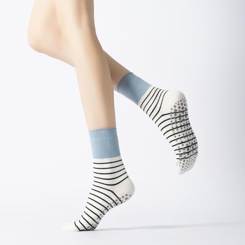 Image of Verdancy Yoga Pilates Socks with Grips for Women Non Slip Striped Cushioned Crew Socks for Barre Ballet Dance