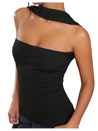 Milumia Women Ruched Strapless Halter Tube Top Open Back Slim Fit Bandeau Shirts
