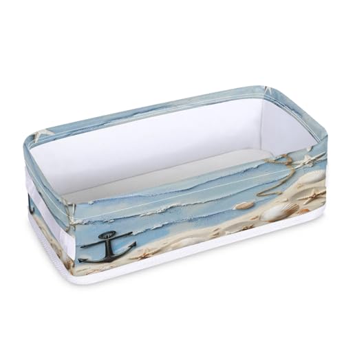 Tablerazzi Toilet Tank Topper Paper Basket with Handle, Beach Theme Bathroom Storage Basket for Organizing, Ocean Seashell Small Fabric Storage Bins for Bathroom Decor