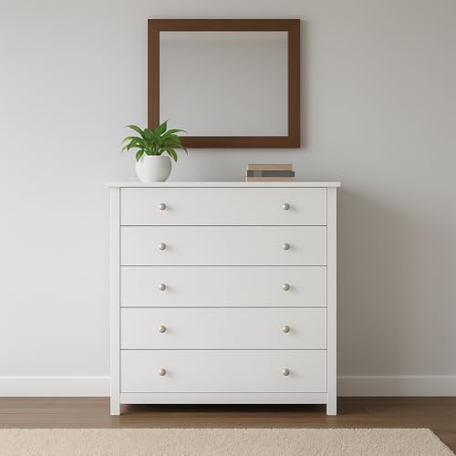 Home Treats White Chest Of 5 Drawers Bedroom Furniture I 5 Drawer Storage Chest I Anti Bowing Drawer Support I Clothes Organiser for Any Room I Easy to Assemble (Chest Of 5 Drawers)