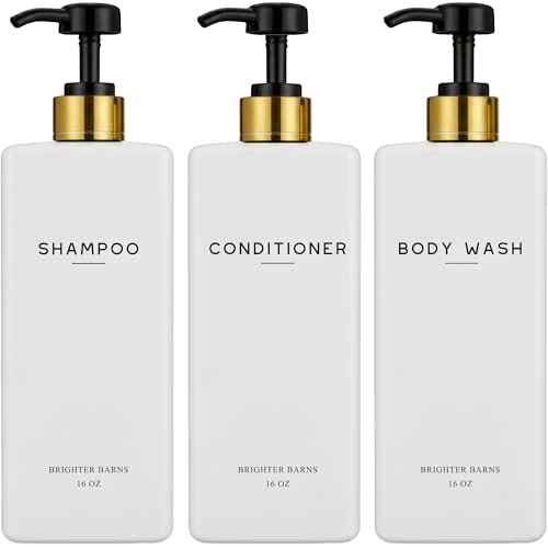 White Shampoo and Conditioner Dispenser Set by Brighter Barns - Refillable Shampoo and Conditioner Bottles - Reusable Shower Soap Dispenser in Hotel Gold Bathroom Guest House Modern Airbnb (White)