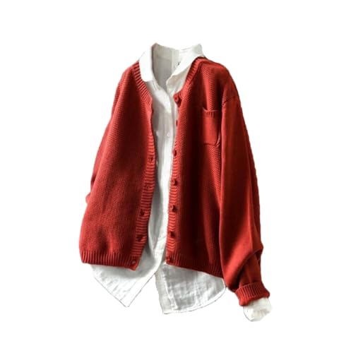 Women's Vintage Solid Cardigan Sweater Autumn Winter Long Sleeve Pocket Loose Fit Tops Korean Warm Knitted Coat
