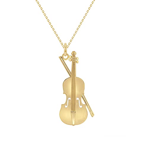 Takar Solid 10k Gold Large Musical Violin Pendant Necklace, Violin Gold Pendant For Men and Women in 16” to 22” Chain Sizes, Music Jewelry Gift Made In USA.