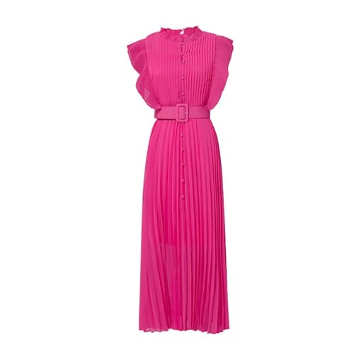 Women's Sleeveless Pleated Fuchsia Midi Dress Retro Office Flowing High Waist Dress