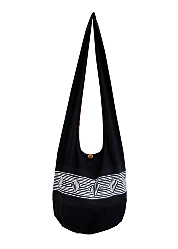 BTP! Thai Cotton Embroidered Sling Crossbody Shoulder Bag Purse Hippie Hobo Gypsy Bohemian Large (Black ND2)