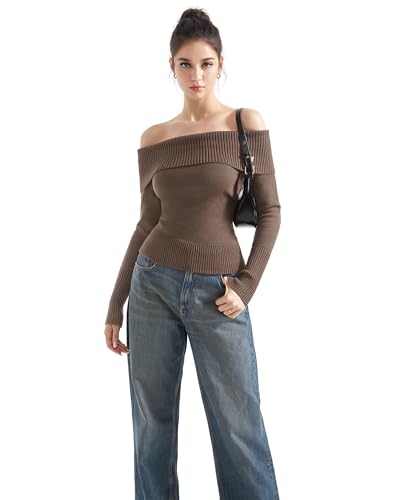 Image of SUUKSESS Women Off Shoulder Sweaters Long Sleeve Ribbed Knit Going Out Fall Tops Blouse