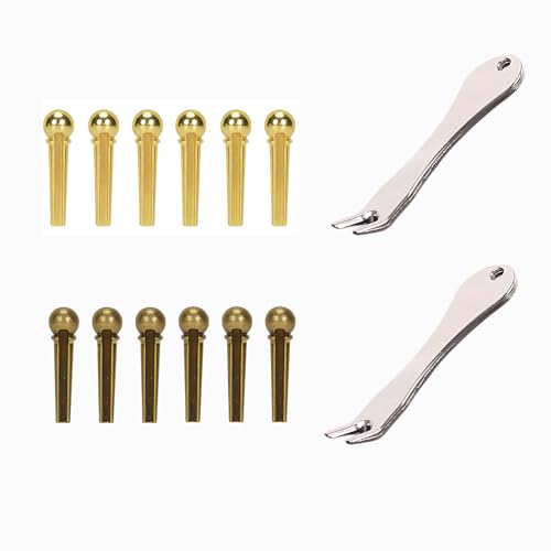 12 pines de metal para guitarra acústica, 2 pines de puente de metal, pasador de extremo dorado y bronce...