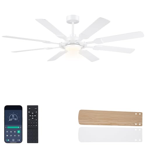 Image of 62 inch Ceiling Fan with Light - Modern White Low Profile Ceilings Fans Light | Flush Mount Fan with 8 Blades,6 Wind Speeds Reversible,Dimmable,Modern Light for Indoor Living Room,Kitchen,Coverd Patios