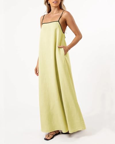 Image of Senllen Women's Linen Dress Summer Loose Flowy Sundress Contrast Spaghetti Strap Sleeveless Backless Beach Maxi Long Dresses