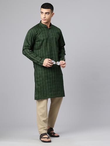 Image of Majestic Man Men's Pure Cotton Textured Check Mandarin Collar Long Kurta