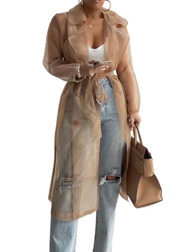 CHICME 2025 Women Longline Trench Coat Sheer Mesh Sleeve Buttoned CoatTransparent Jacket Coat with Belt