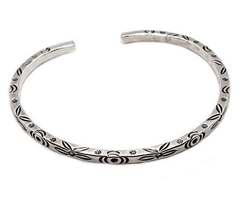 Sterling Silver Boho Floral Cuff Bracelet, Handmade Thin Delicate Squarish Bangle with oxidized flowers engraving, adjustable, Gift for Her4