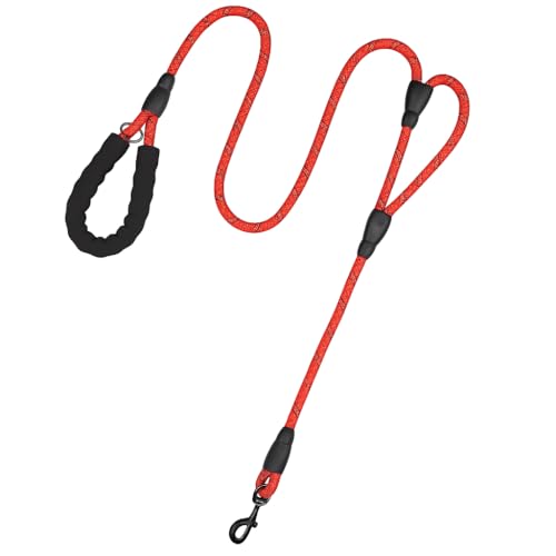 Image of 5FT Strong Dog Leash with Comfortable Padded Handle and Highly Reflective Threads Dog Leashes for Small Medium and Large Dogs (Double Handle - Red)