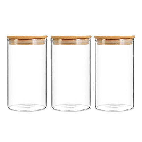 HOCHSTE Lot de 3 bocaux de conservation en verre avec couvercle hermétique en bambou pour café, farine, sucre, bonbons, biscuits, épices, pâtes, céréales