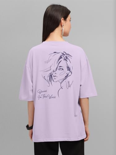 Image of HELLCAT Beige Trendy Printed Oversized T-Shirt for Women