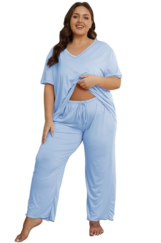 Image of Vozanet Women's Plus Size Pajama Sets Short Sleeve Long Pants Solid Color with Piping Trim Elegant Loungewear Cozy Sleepwear