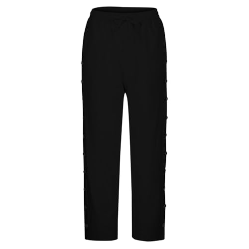 Casual Pants for Women Side Button Stripe Summer Trendy Pants Baggy Elastic Waisted Straight Leg Comfort Trousers with Pocket3