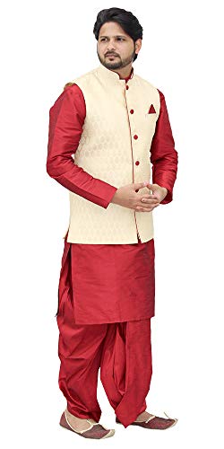 Image of Red Kurta Dhoti With Golden Jacket