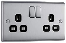 BG Electrical Double Switched Power Plug Wall Socket, Nexus Metal, Brushed Steel, Black Inserts, 13A, NBS22B