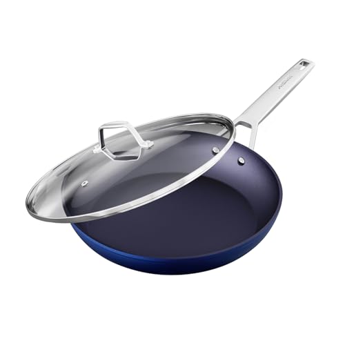 MsMk Non stick frying pan set with lid Blue, 12-inch Durable skillet, Titanium and Diamond Non Stick Non-Toxic Coating From USA, Even Heating, Easy Clean-Up, Comfort Handle, Induction Compatibility