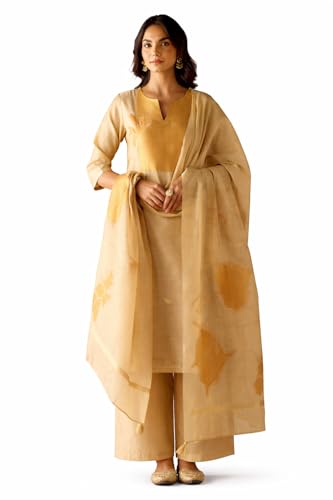 Image of FIORRA Women Beige Cotton Jacquard Woven Kurta Set with Dupatta