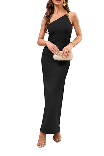 Women's Summer One Shoulder Maxi Dresses Sleeveless Bodycon Metal Decor Formal Wedding Guest Cocktail Dress Black,Medium