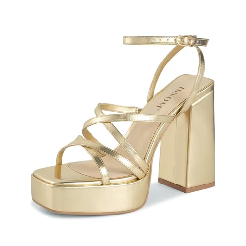 Image of ISNOM Platform Chunky Heels for Women, Block Heel Sandals with Open Square Toe and Ankle Strap