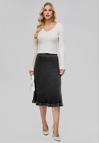 Women's Knit Skirt Midi Pleated Skirts, High Waist Elastic A Line Long Sweater Skirts for 2024 Fall Winter4
