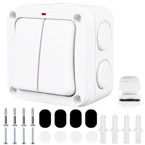 WIYETY Double interrupteur universel 16 A : interrupteur résistant aux intempéries, interrupteur étanche IP66 avec poussière, double interrupteur et voyant...