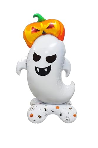 Image of AMFIN (Pack of 1) Self Standing Halloween Ghost Funny Balloon with Pumpkin Hat - 47 inch Tall Self-Standing Foil Balloon | Giant Inflatable Air Balloon - White