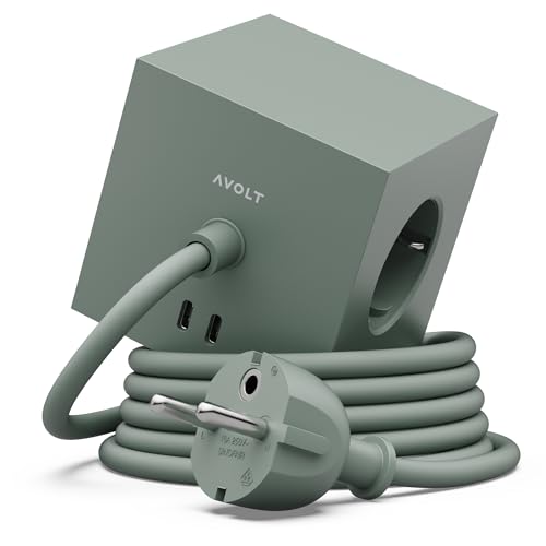 AVOLT Square 1 Steckdosenwürfel mit USB-C Magnetische Design Mehrfachsteckdose mit 3 Steckdosen 2 USB-C Ports & 1 8m Kabel | Power Cube für Schreibtisch Büro & Zuhause (Oak Green 1.8m)