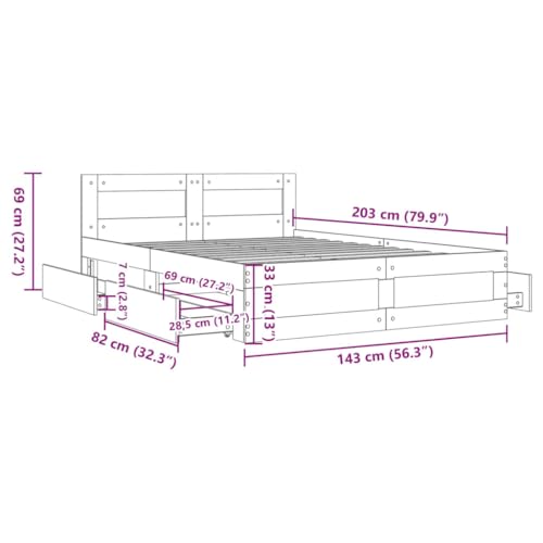 vidaXL Bettgestell, Bett mit Kopfteil, Bettrahmen mit Lattenrost, Doppelbett Schlafzimmerbett mit Stauraum, Braun Eichen-Optik 140x200cm Holzwerkstoff