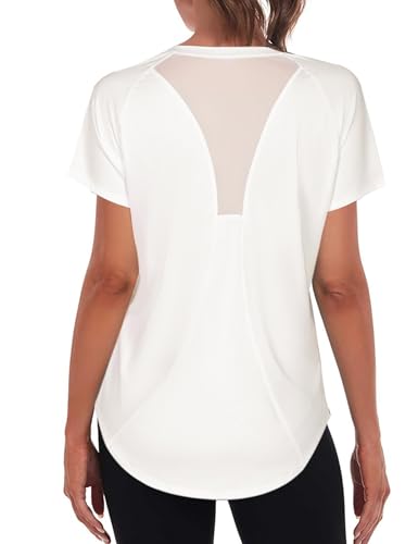 Wayleb Women's Sports T-Shirt Gym Yoga Workout Tops for Women Crew Neck Running Fitness Athletic Short Sleeve Loose Tee B-White
