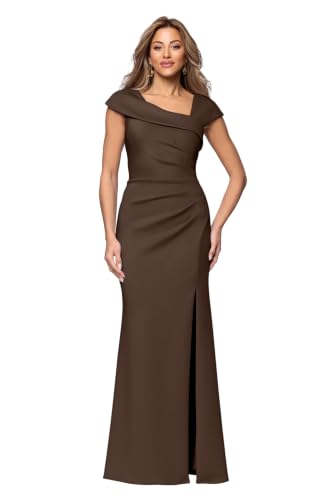 Image of Xscape Women's Long Bodycon Formal Evening Gown with Cap Sleeves, Asymmetrical Neckline, Ruched Bodice and Front Slit