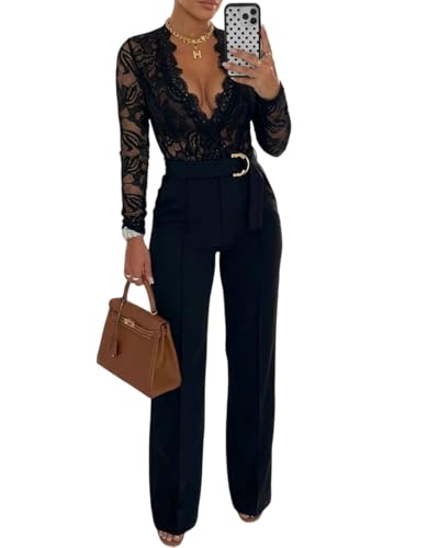 CHICME Womens Floral Lace Jumpsuit Deep V-Neck Casual Sping Long Sleeve Ovearalls with Belt Pant Side Pockets Black-L