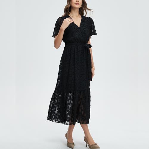 Image of Women's Summer Bohemian Floral Chiffon Dress Cap Sleeve V Neck Ruffle Long Flowy Boho Casual Vacation Dresses