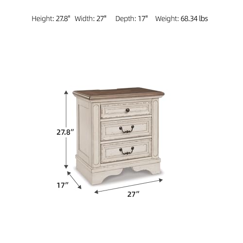 Signature Design by Ashley Realyn French Country 3 Drawer Nightstand with Electrical Outlets & USB Ports, 27.75" Tall, Chipped White