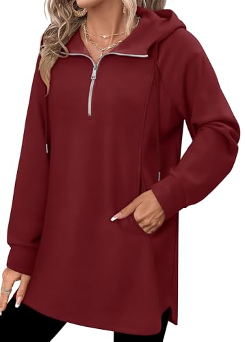 onlypuff Women Hoodie Pullover Trendy Quarter Zipper Lapel Sweatshirts Drawstring Cute Hooded Tunic Tops with Side Pockets