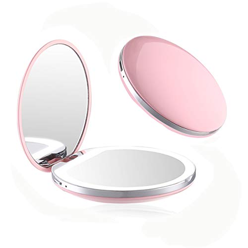 Preisvergleich Produktbild iSuperb Tragbarer Taschenspiegel Zweiseitiger Schminkspiegel mit 1X / 3X beleuchtung und vergrößerung Kompaktspiegel Klappbarer Reisespiegel (Rosa)